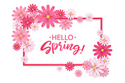 Hello Spring.Hand lettering with pink flowers frame.Paper chamomile on white background. Vector illustration.