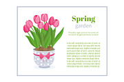 Spring garden. Flower brochure design backgrounds, vector templates of banners or business cards. Spring plant tulip in blue pot and frame vector illustration.