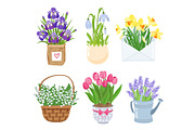 Summer and spring flowers in different funny pots decoration set. Decoration for easter, wedding invitation, Mother s Day stickers isolated on white background. Vector illustration.