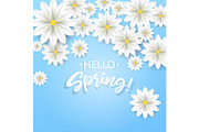 Hello Spring.Hand lettering with white flowers frame.Paper chamomile on blue background. Vector illustration.