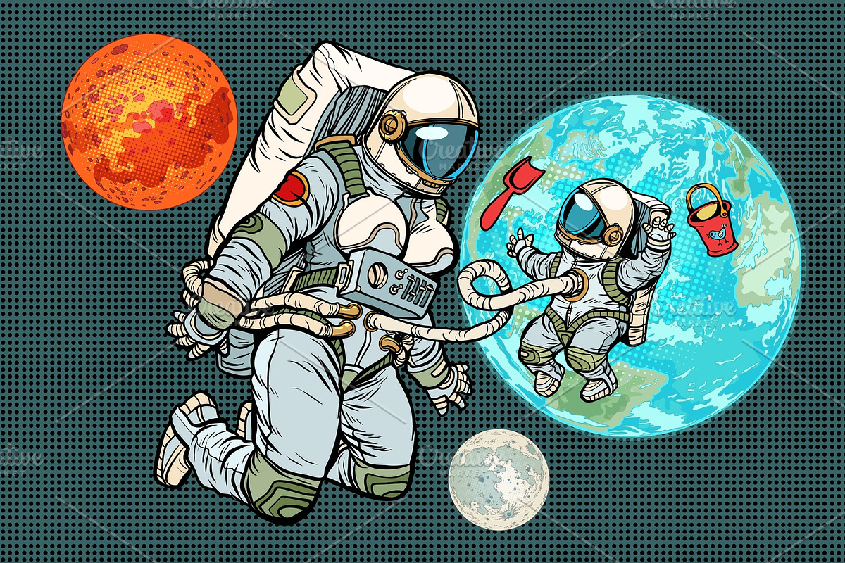 Astronaut mother and child on planet Earth. Humanity and the uni in Illustrations - product preview 8