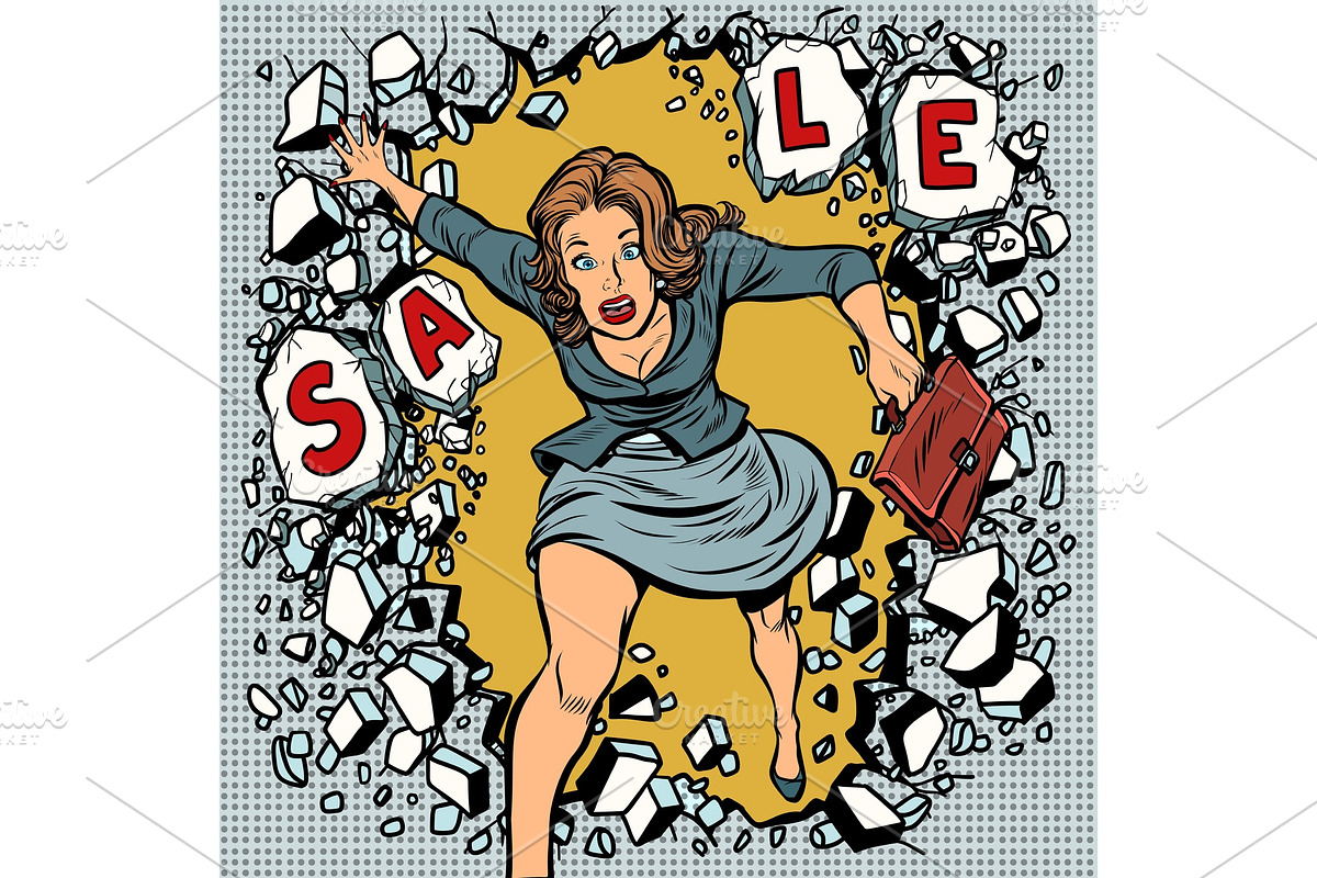 A woman runs for sales, breaking the wall in Illustrations - product preview 8