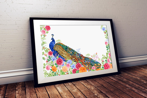 Peacocks and flowers/watercolor in Illustrations - product preview 3