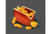 Golden coins in leather purse icon