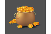 Golden coins in old bronze pot icon