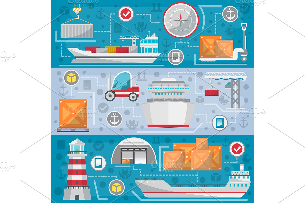 Sea port logistic management set in Illustrations - product preview 8