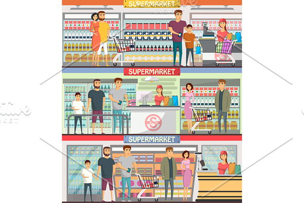 People shopping at supermarket banners