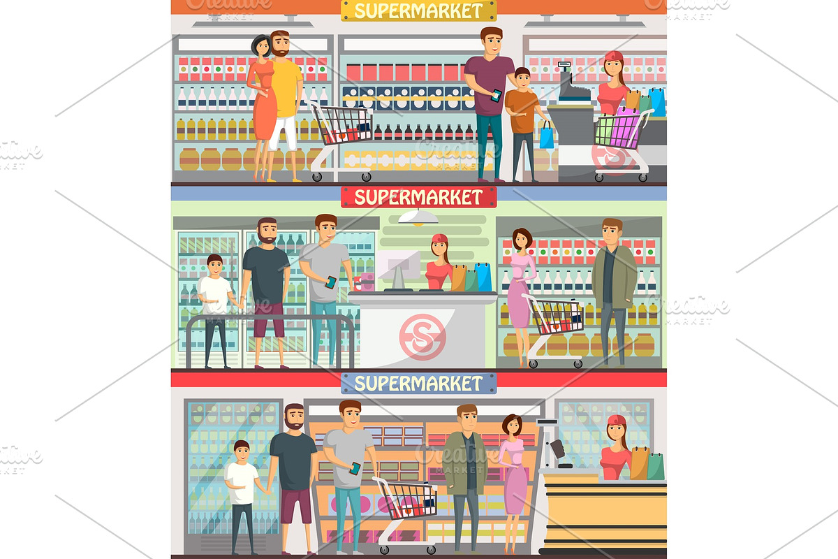 People shopping at supermarket banners in Illustrations - product preview 8