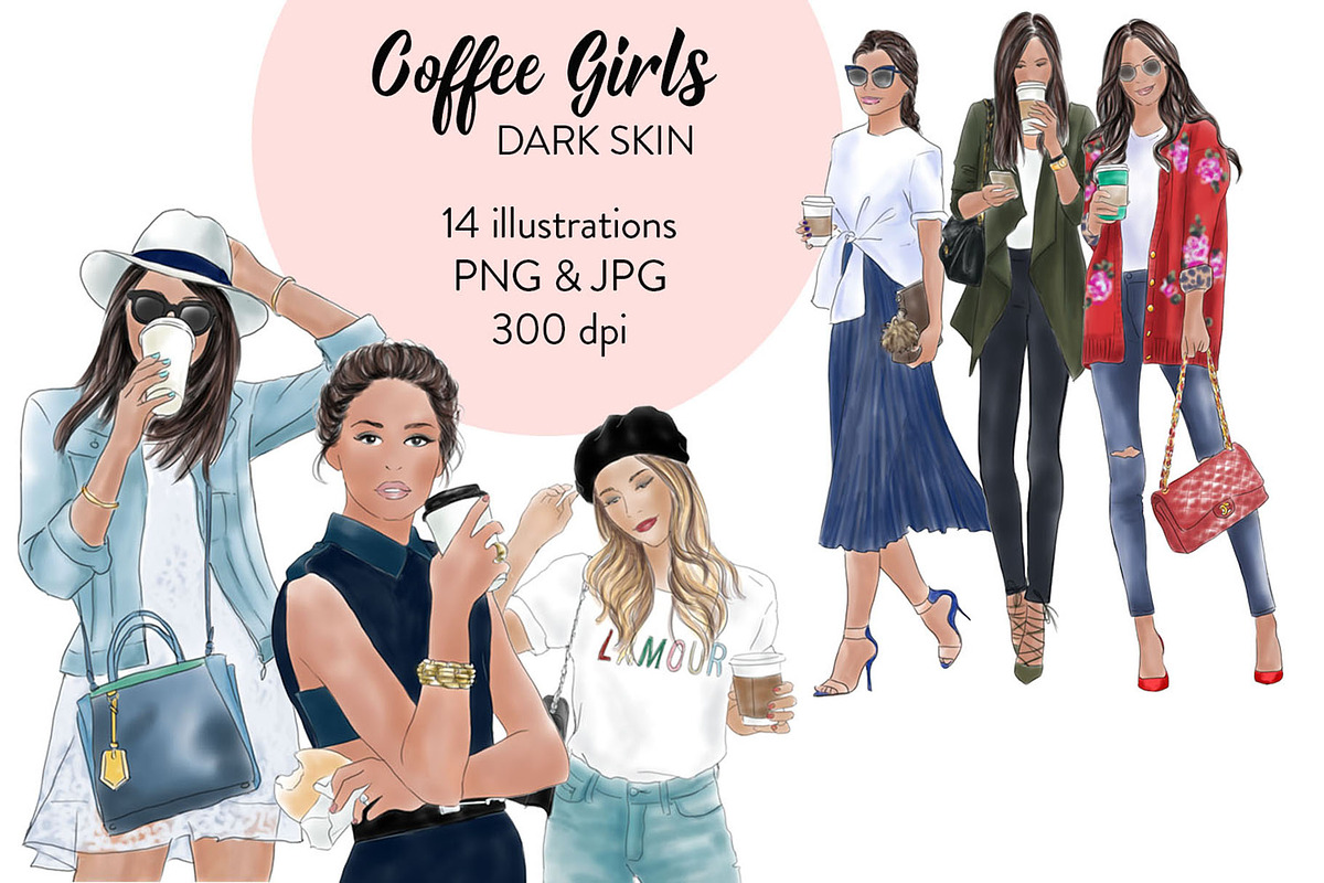 Coffee Girls 1 -Dark skin Clipart in Illustrations - product preview 8