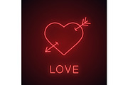 Heart with cupid's arrow neon light icon