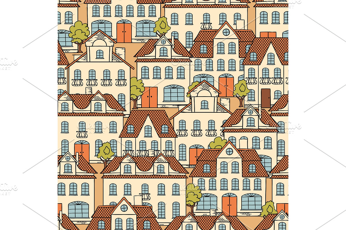 Seamless vector pattern with houses and trees in Textures - product preview 8