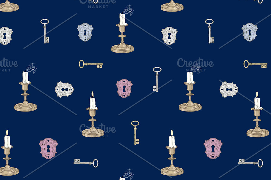 Candles and Keys Seamless Pattern
