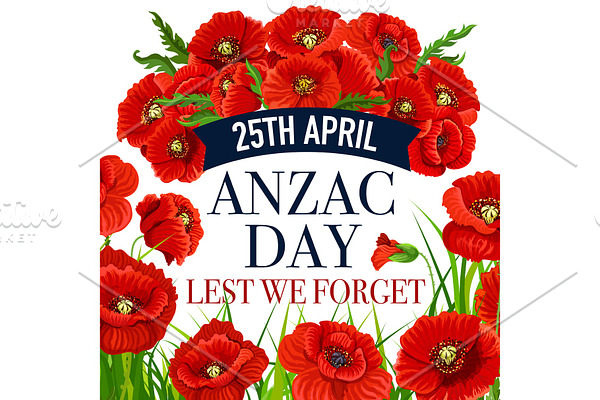 Anzac Day 25 April poppy vector greeting card