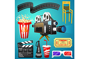 Movie elements set. Vintage cinema, entertainment and recreation with popcorn. Retro poster background. Clapperboard and camera, Filmmaking and video cassette, chair, film stock for Hollywood studio.