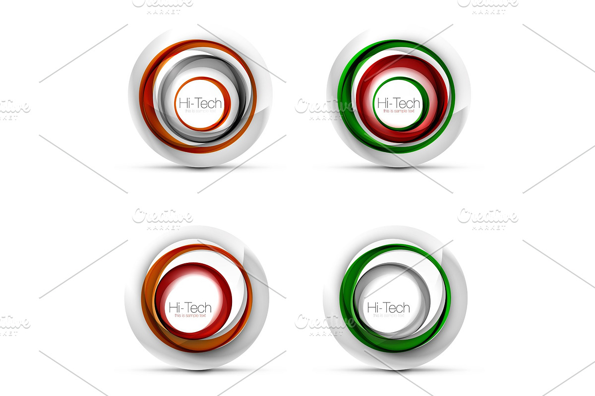 Set of digital techno spheres - web banners, buttons or icons with text. Glossy swirl color abstract circle design, hi-tech futuristic symbols with color rings and grey metallic element in Illustrations - product preview 8