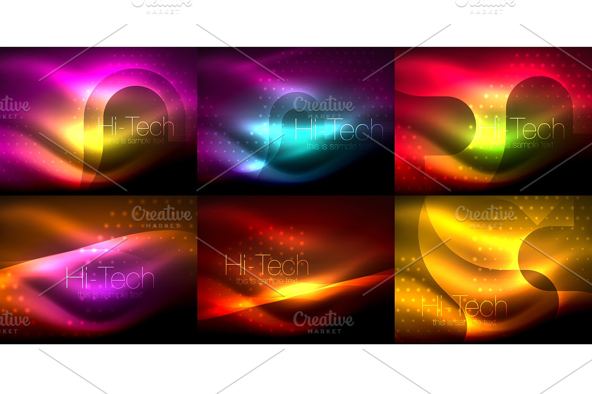 Set of neon glowing waves and lines, shiny light effect digital techno motion backgrounds. Collection of dark space magic vector templates in Illustrations - product preview 8