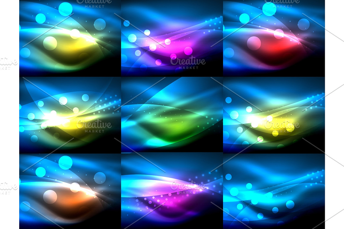 Set of neon wave backgrounds with light effects, curvy lines with glittering and shiny dots, glowing colors in darkness, vector magic illustrations in Illustrations - product preview 8