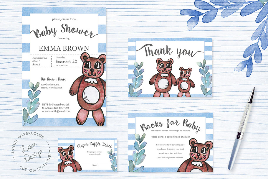 Watercolor Teddy Bear Baby Shower in Card Templates - product preview 8