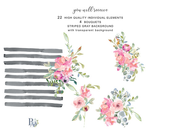Watercolor Blush Flowers Clip Art in Illustrations - product preview 3