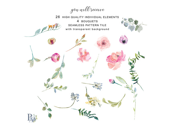 Watercolor Blush Flowers Clip Art in Illustrations - product preview 4