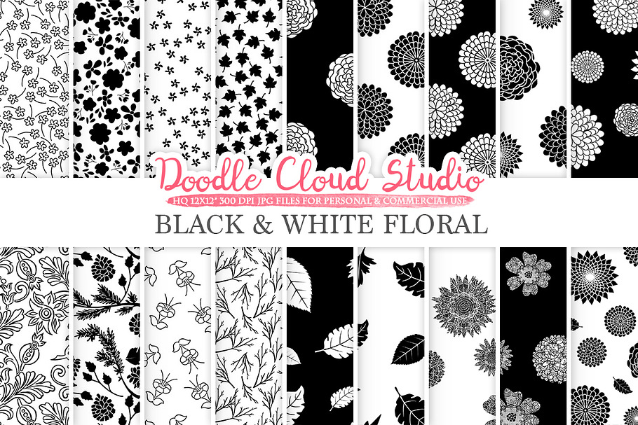 Black and White Floral digital paper