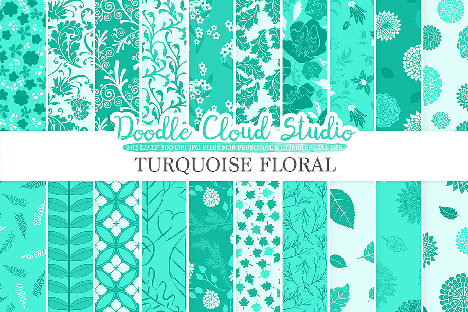 Aqua Floral digital paper Turquoise 