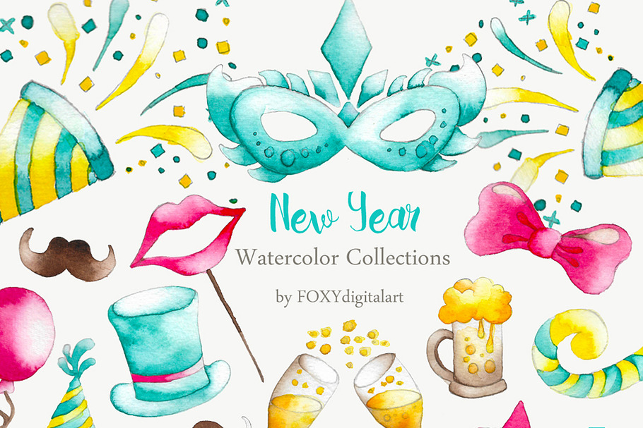 Watercolor New Year Party Clipart