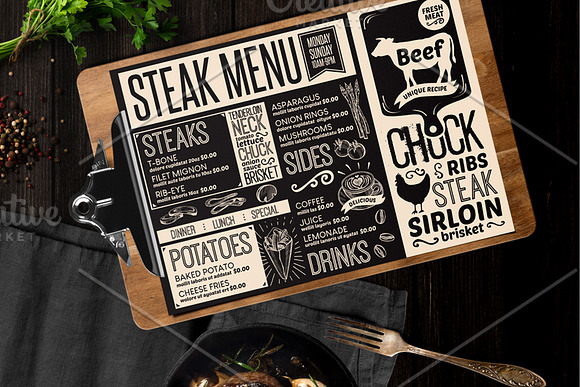 FREE! Trifold + Steak Food Menu in Brochure Templates - product preview 2