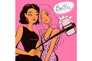 Two young women making selfie using a stick. Vector illustration with text.