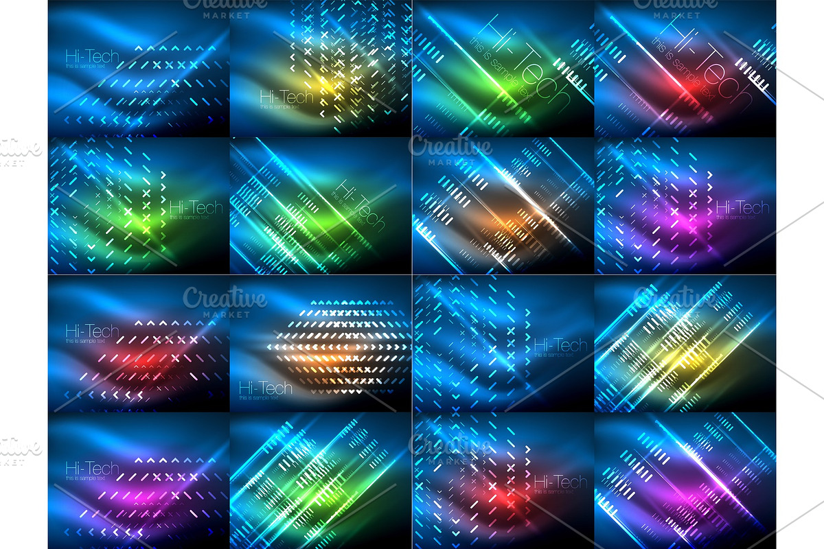 Set of glowing neon lines and shapes on dark, shiny motion, magic space light. Vector techno abstract backgrounds. Banner advertising layouts in Illustrations - product preview 8