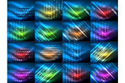 Set of glowing neon lines and shapes on dark, shiny motion, magic space light. Vector techno abstract backgrounds. Banner advertising layouts
