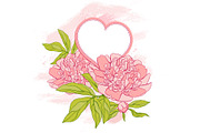 Card with peony on grunge background.