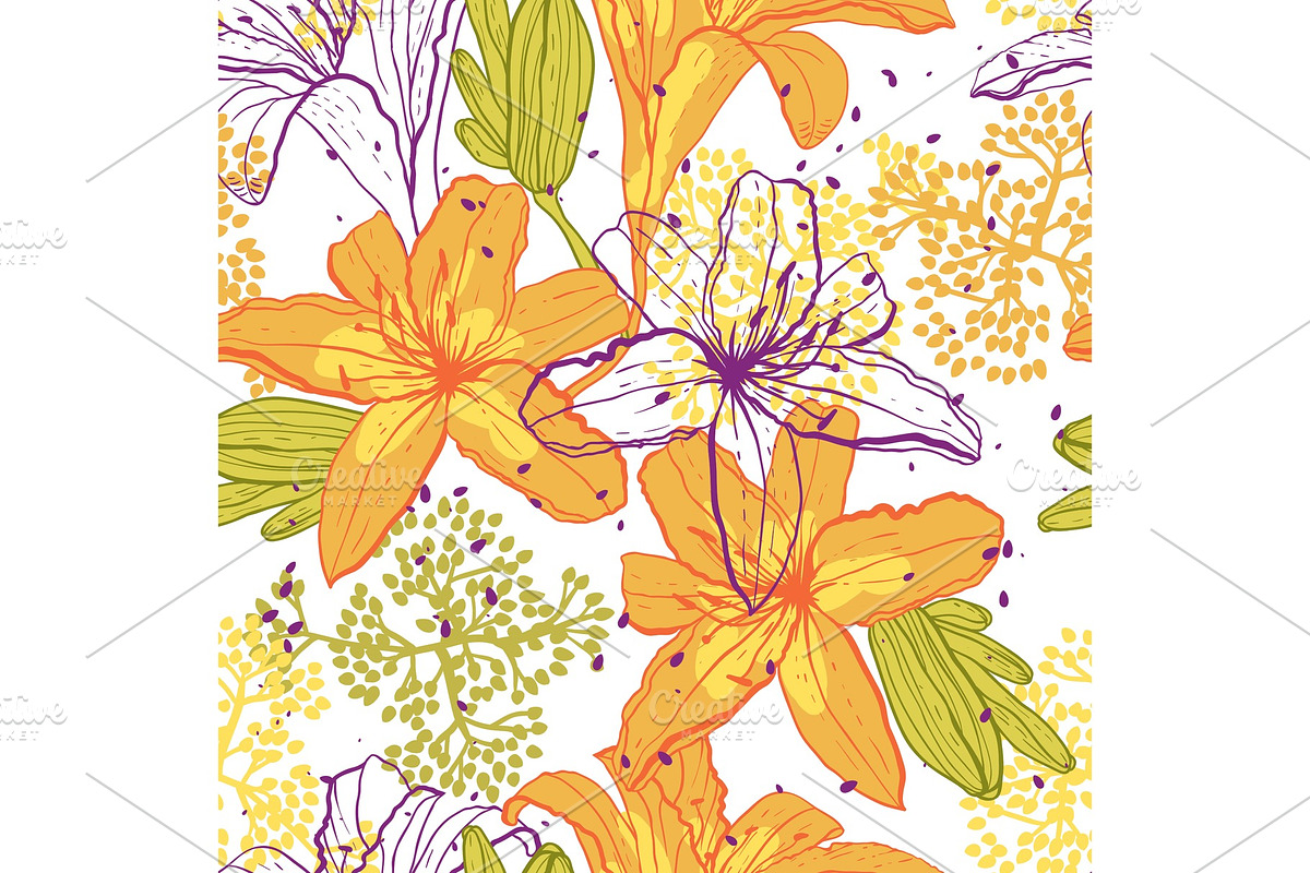 Beautiful seamless pattern with lilies, vector illustration in Textures - product preview 8