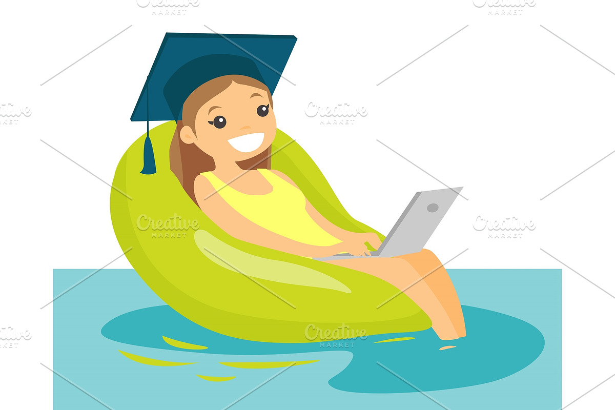 Graduate working on a laptop in the swimming pool. in Illustrations - product preview 8