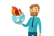 Caucasian man holding globe with forest in fire.