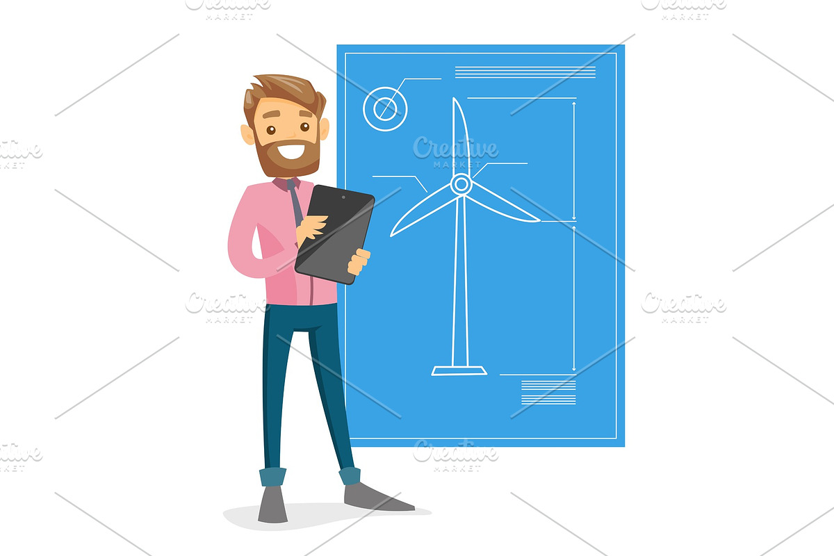 Caucasian white engineer projecting a wind turbine in Illustrations - product preview 8