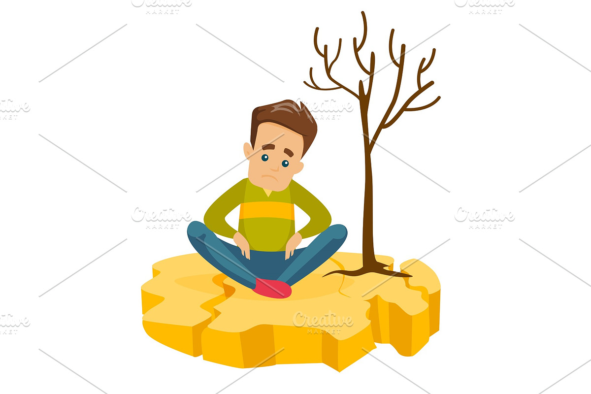 Man sitting on cracked earth because of drought. in Illustrations - product preview 8