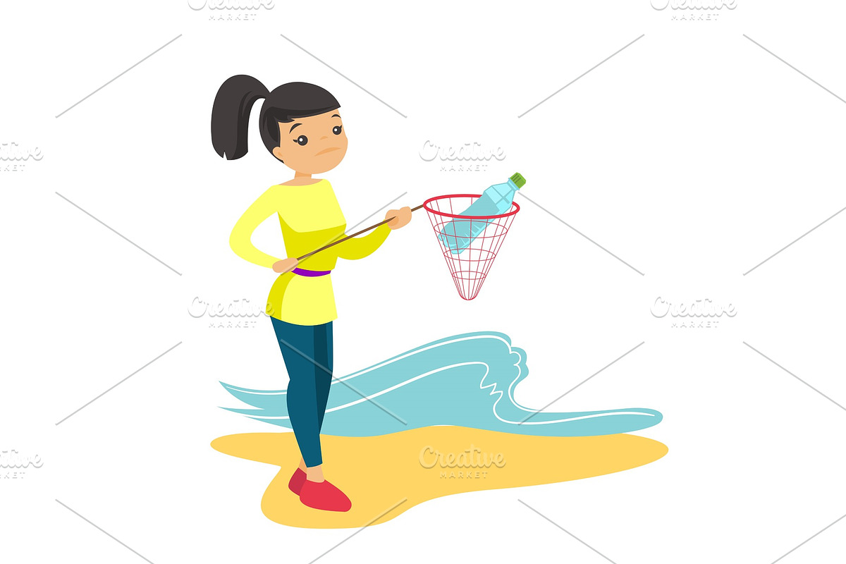 Woman catching plastic bottle from sea water. in Illustrations - product preview 8