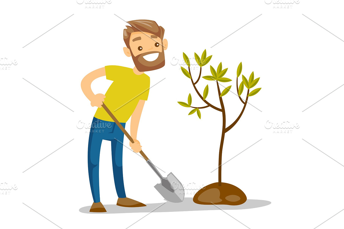 Young caucasian white gardener plants a tree. in Illustrations - product preview 8