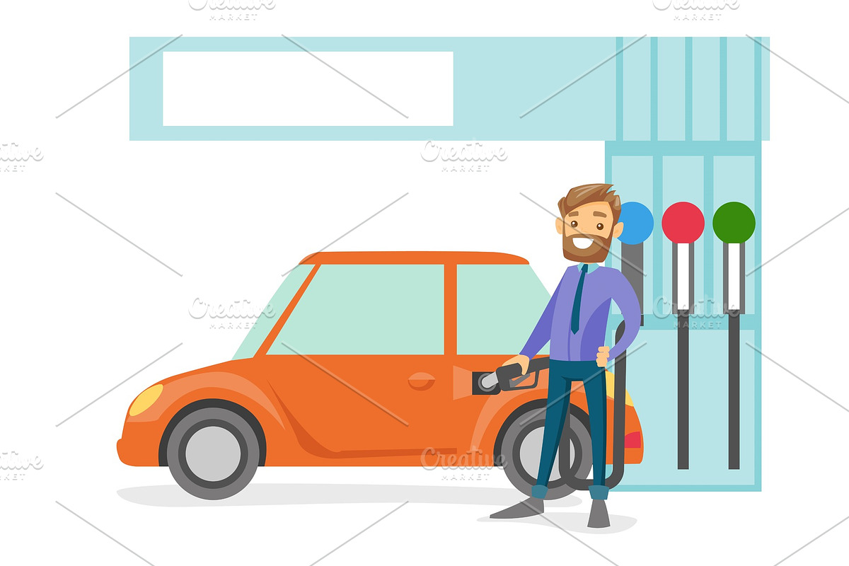 Man filling up fuel into the car at a gas station. in Illustrations - product preview 8