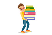 College student carrying a heavy pile of books.