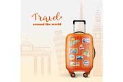Worldwide tourism banner with orange bag