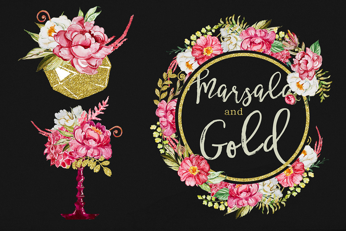 Watercolor Marsala and Gold Clipart in Illustrations - product preview 8