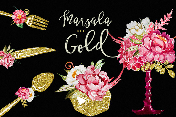 Watercolor Marsala and Gold Clipart in Illustrations - product preview 1