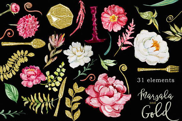 Watercolor Marsala and Gold Clipart in Illustrations - product preview 2