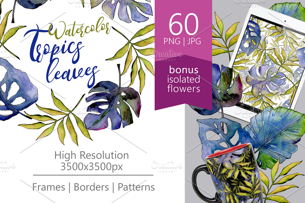 Tropics leaves PNG watercolor set in Illustrations - product preview 8