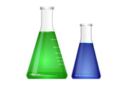 Laboratory flask with narrow neck. Blue green liquids in flasks