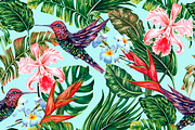 Tropical flowers,leaves,bird pattern