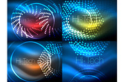 Set of glowing neon techno shapes, abstract background collection. Vector futuristic magic space wallpapers