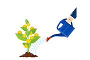 Watering money coin tree with can. illustration.